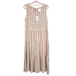 NWT WONDERLY Midi Dress BEIGE & BROWN Stripe size XL Smocked V-Neck Fit & Flare